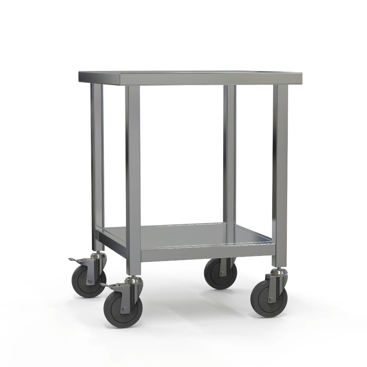 Stainless steel brewing table with wheels. 